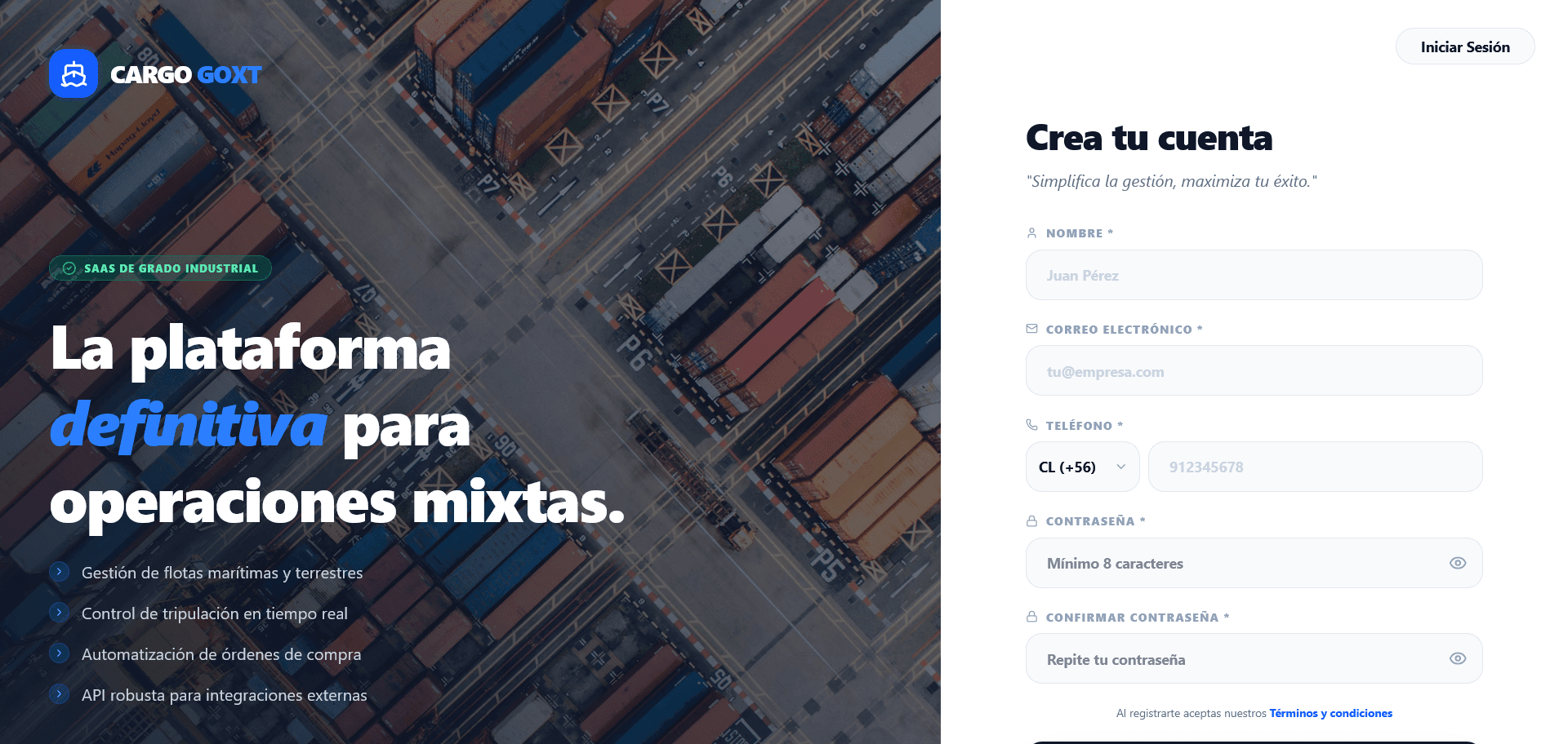 Formulario de registro de GOxT Cargo