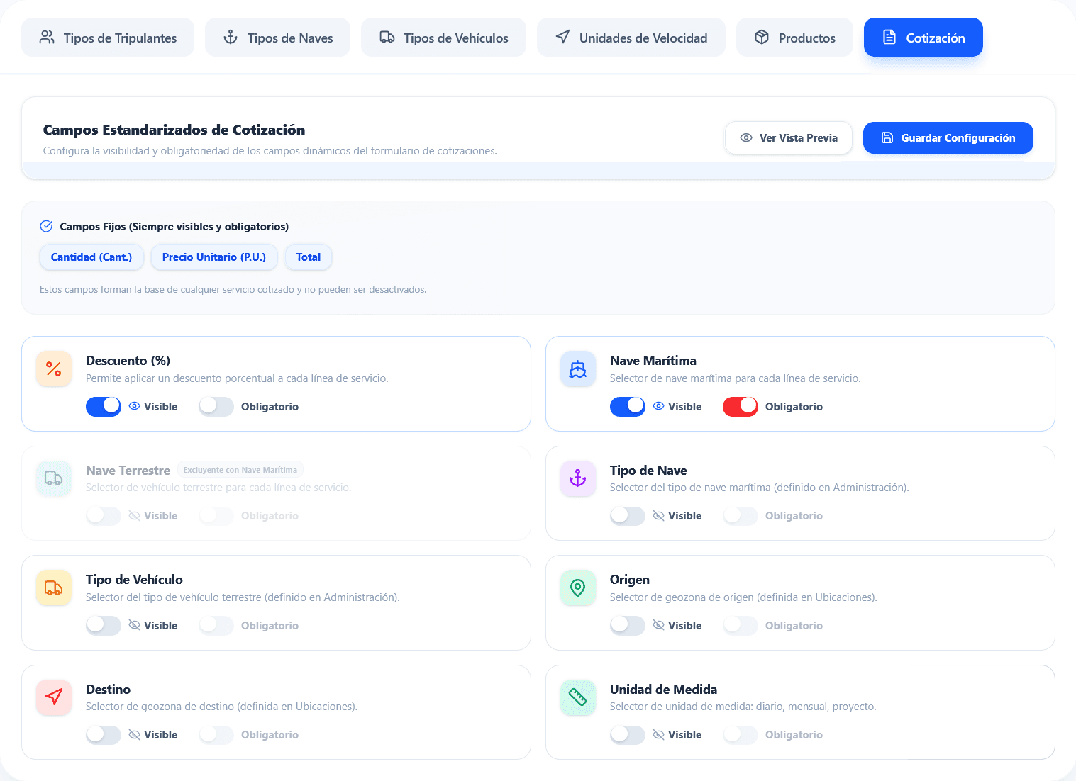 Configuración de campos del formulario de cotizaciones