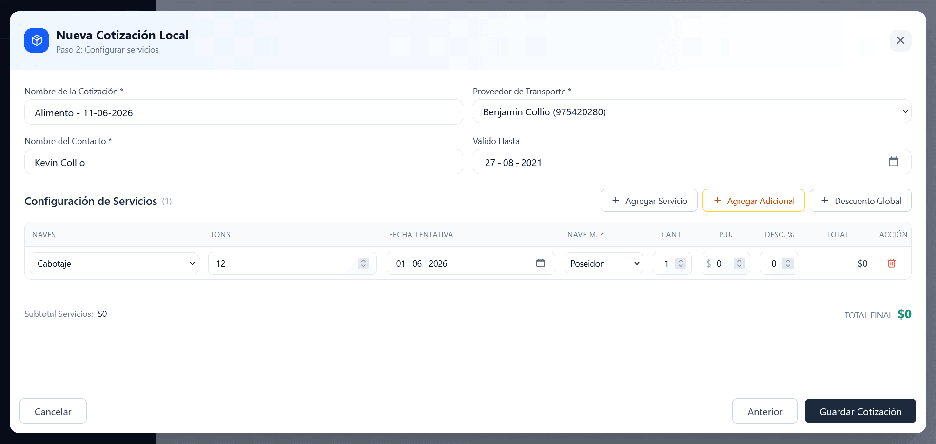 Paso 2 — Configuración de servicios y totales