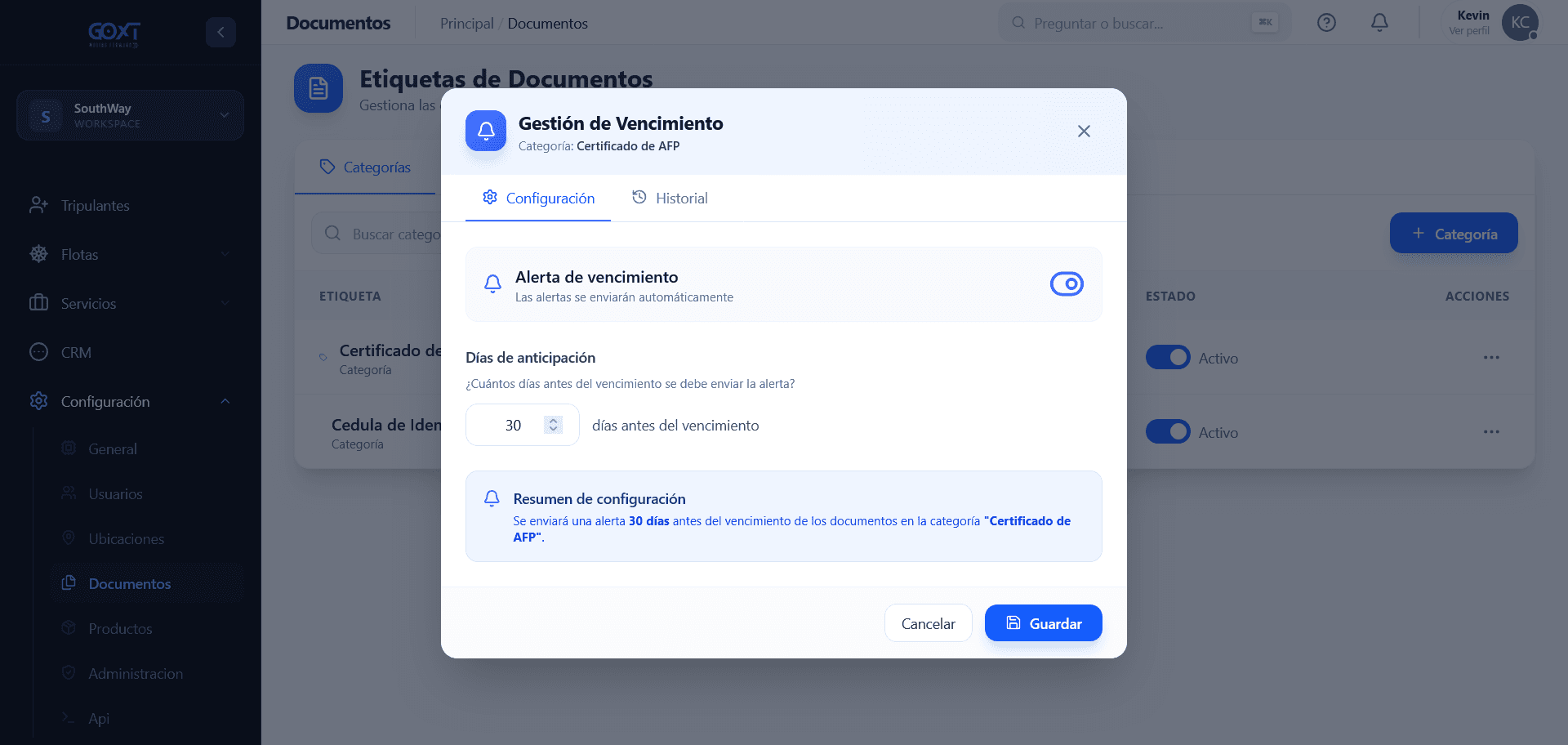 Configuración de alertas de vencimiento
