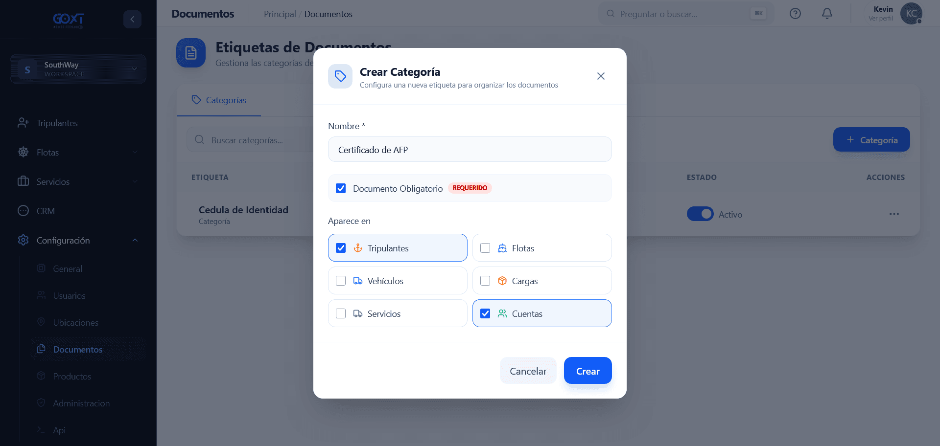 Formulario de creación de categoría de documento