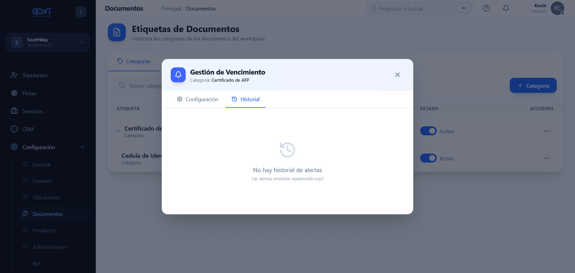 Configuración de historial de vencimiento
