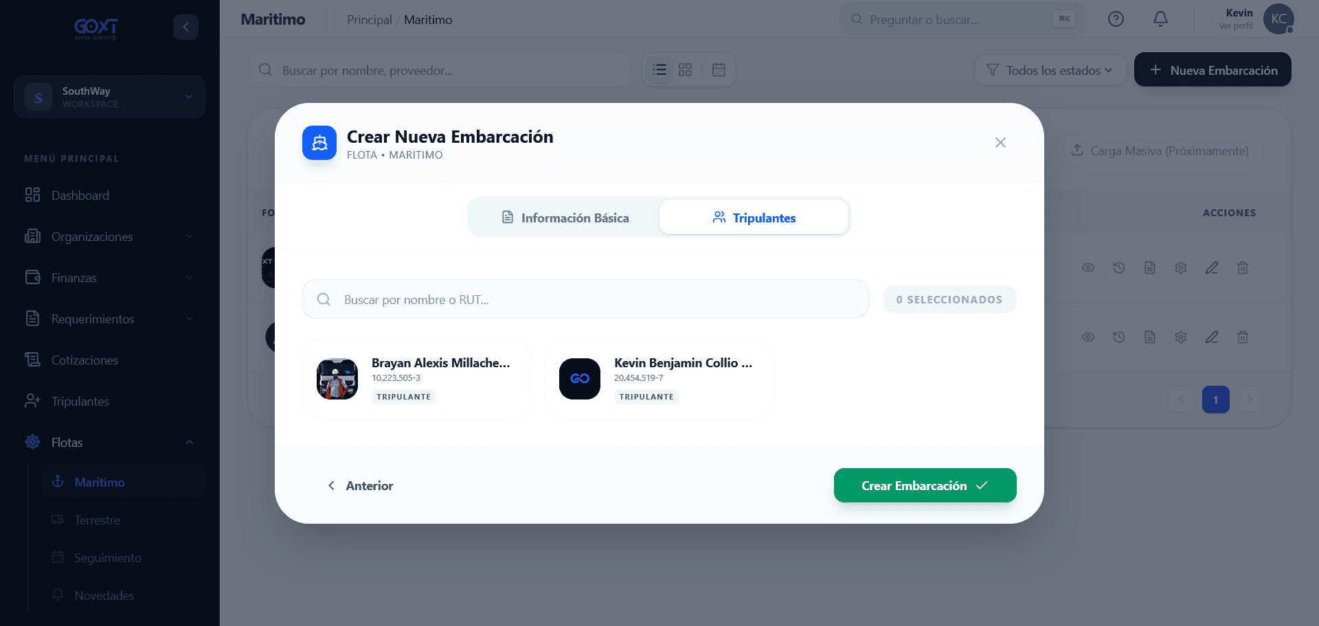Asignación de tripulantes a la embarcación