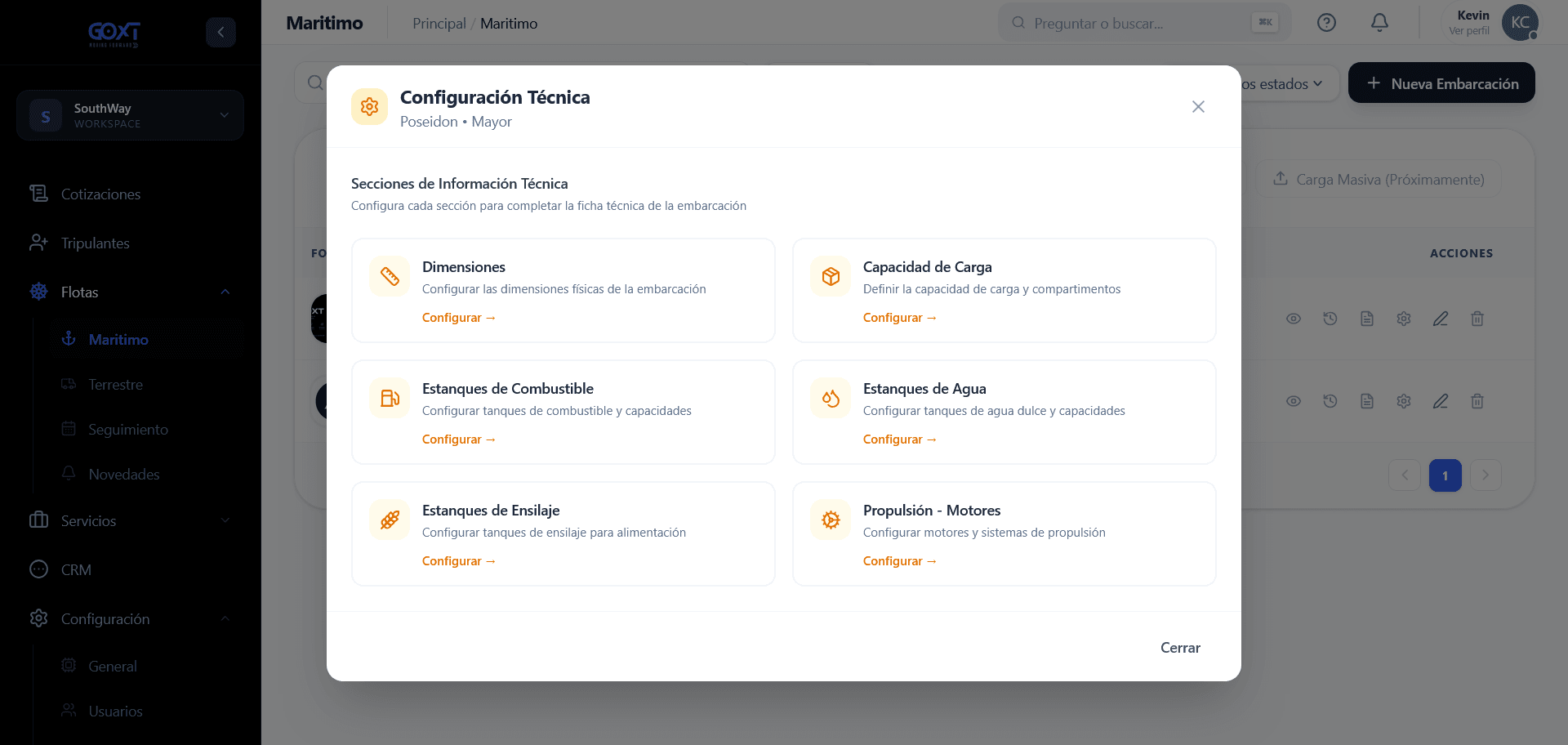 Panel de configuración técnica de la embarcación