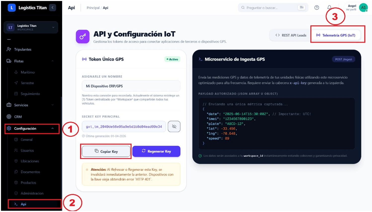 Obtención de API Key para Telemetría en GOxT Cargo