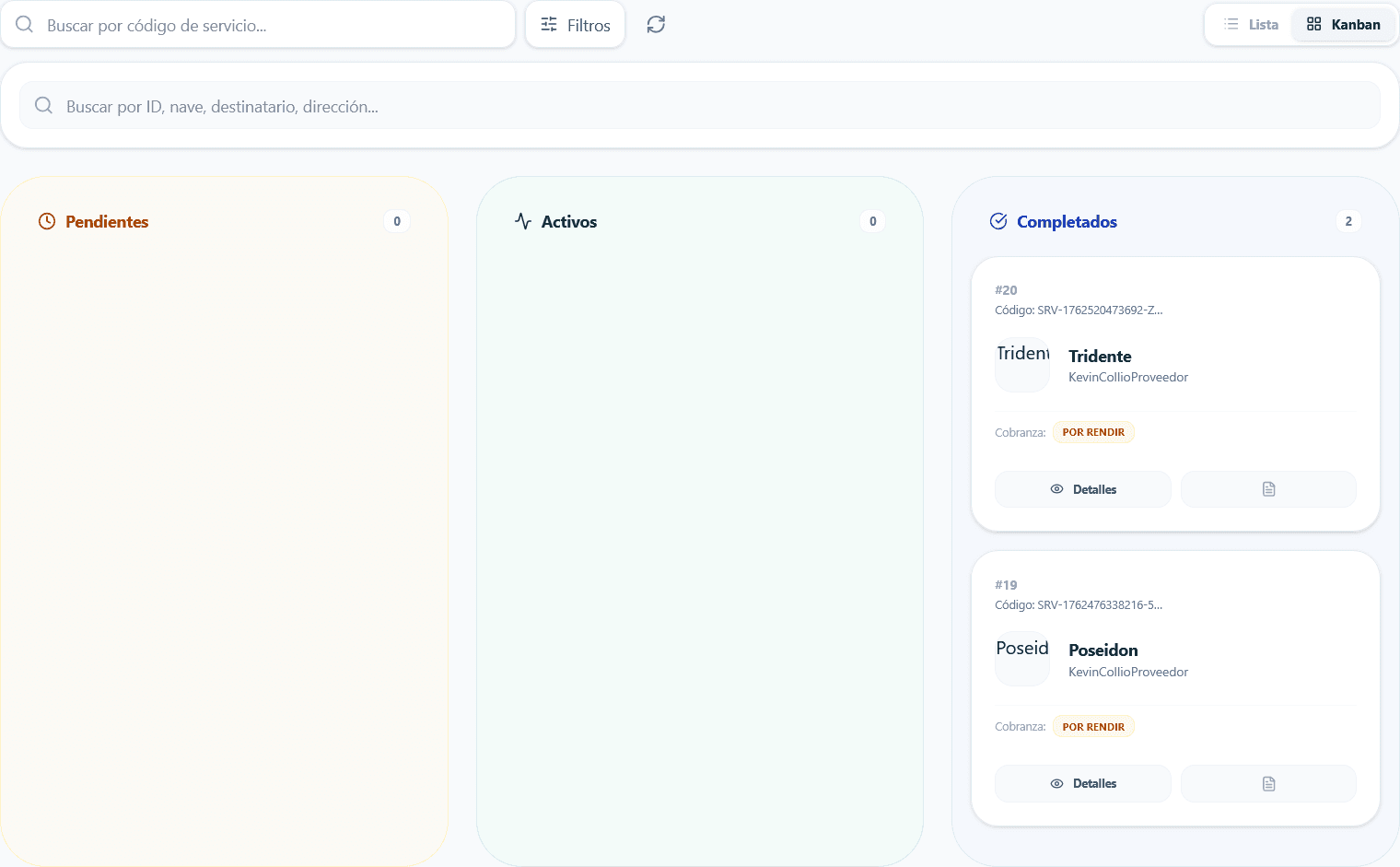 Vista kanban de servicios