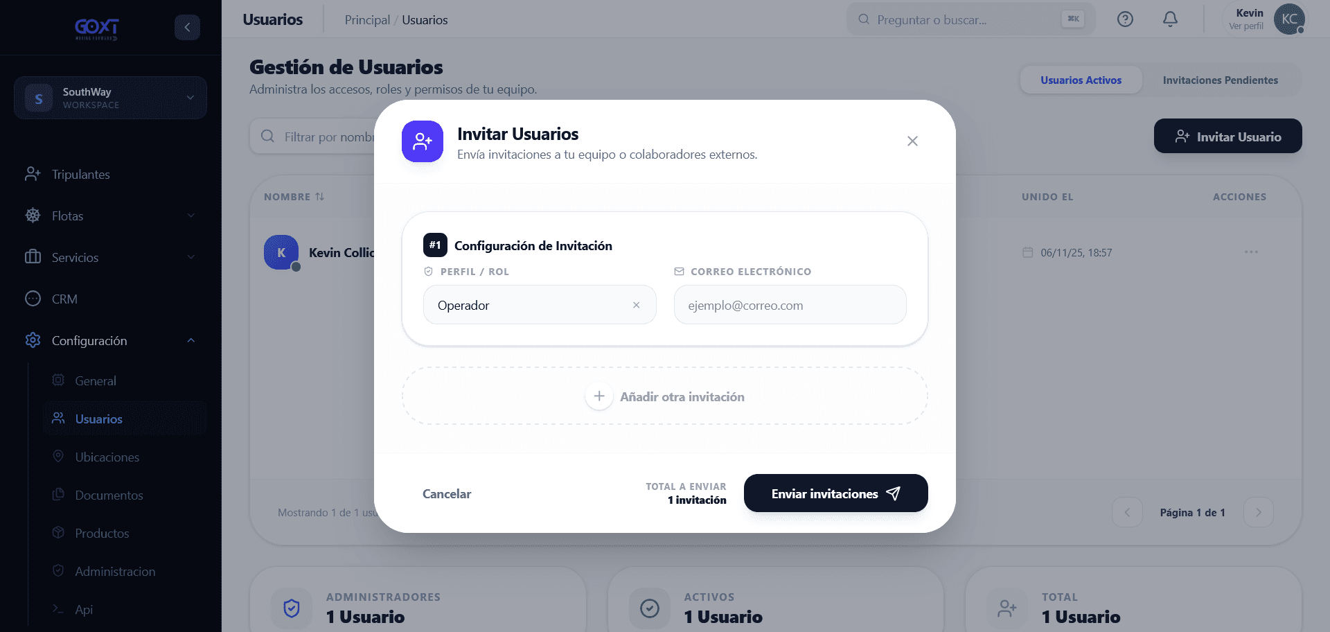 Modal de invitación de usuarios
