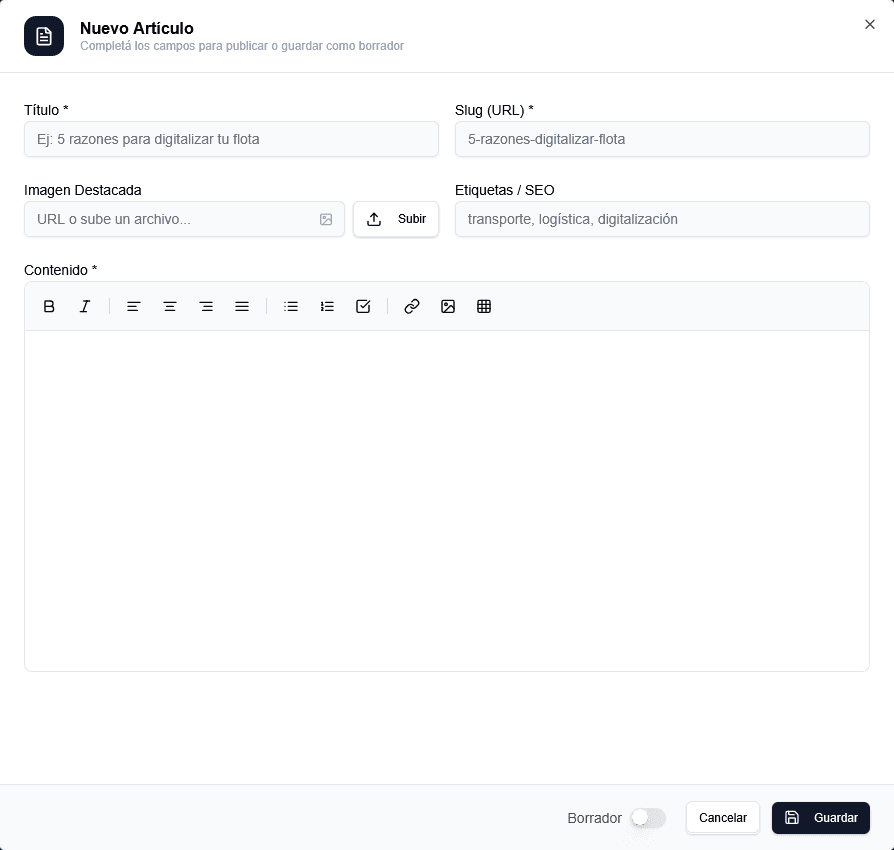 Formulario de creación de Posts