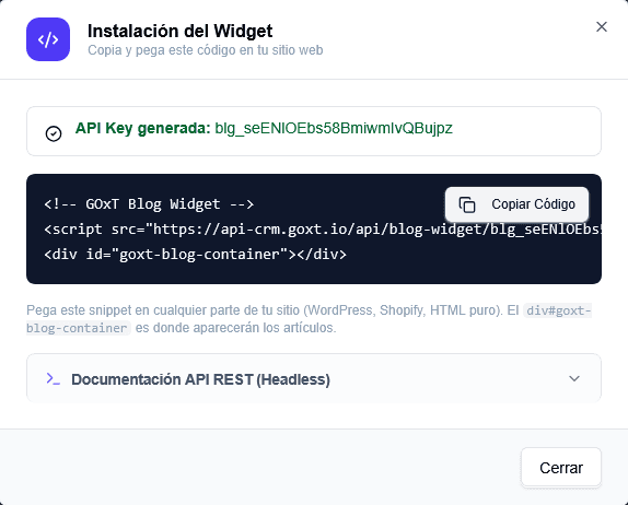 Codigo de instalación del widget