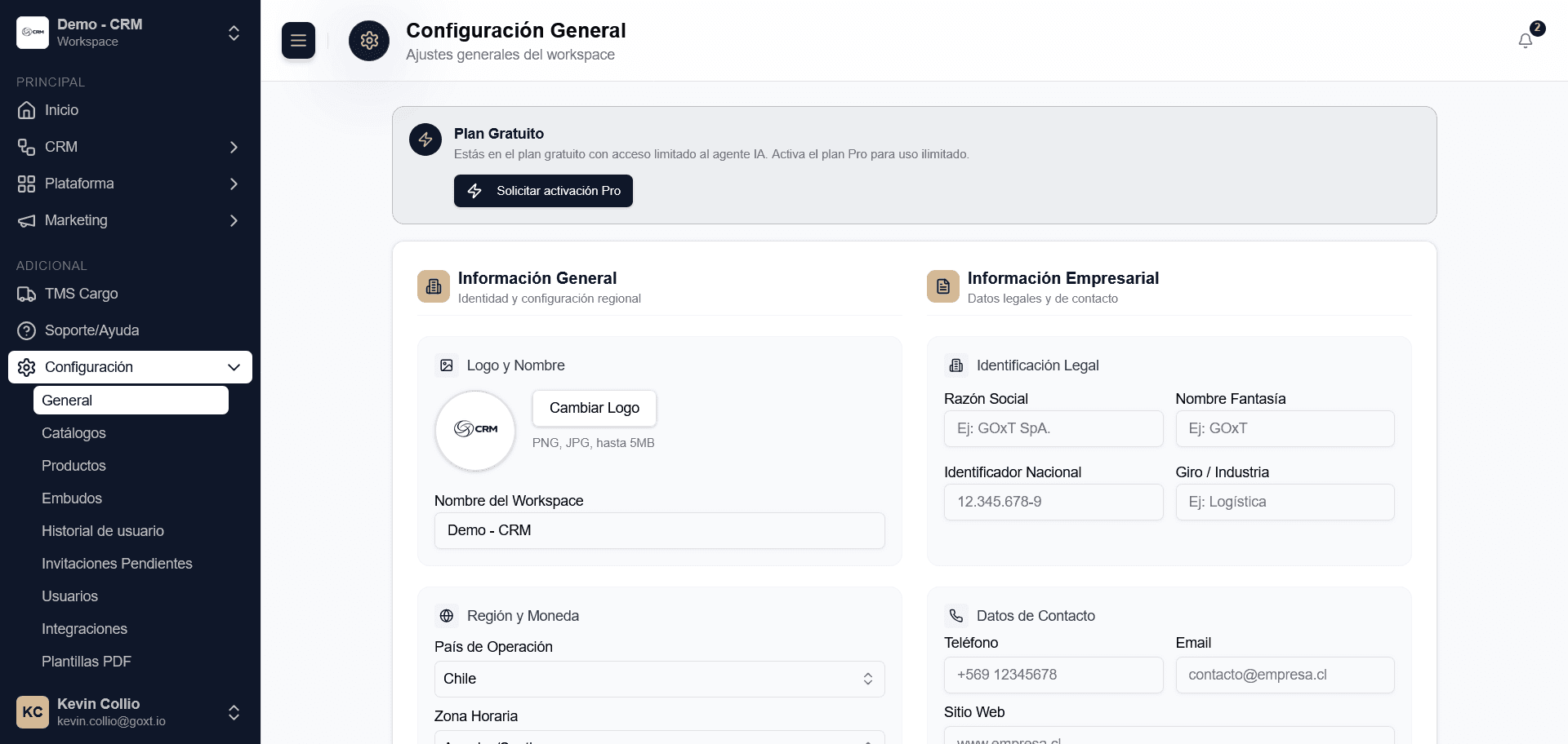 Vista de Configuracion → General