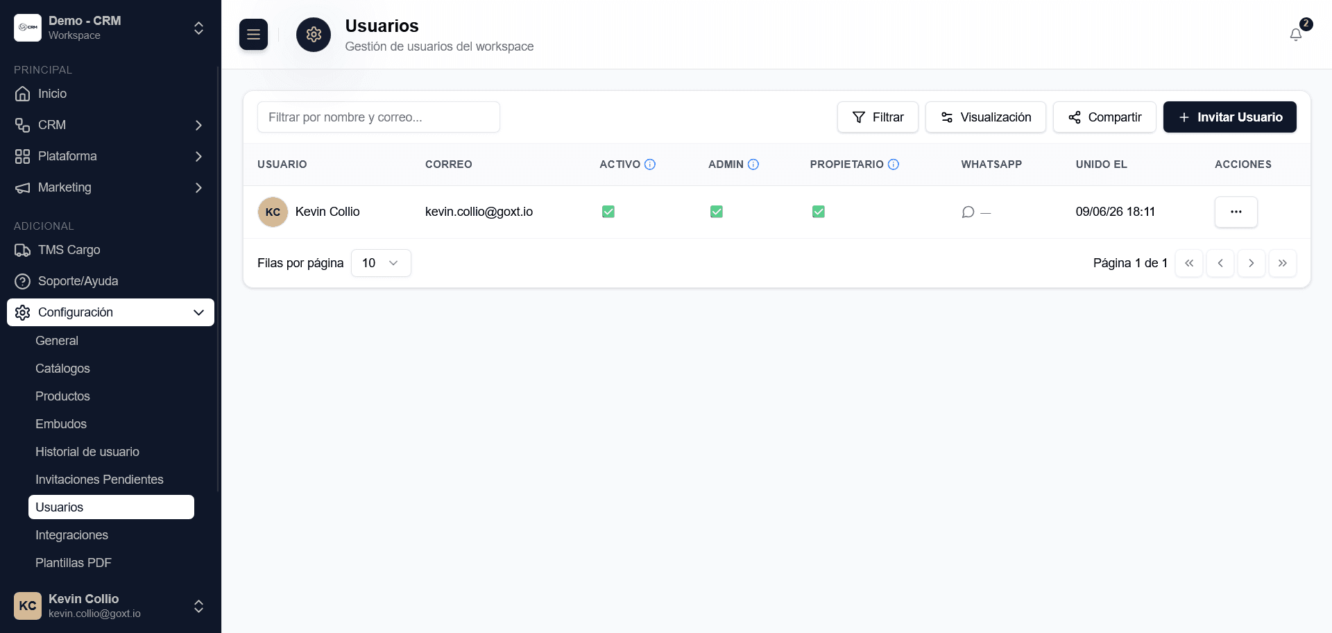 Vista de Configuracion → Usuarios