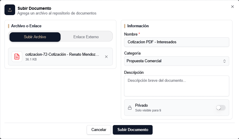 Formulario de creación de un Documento