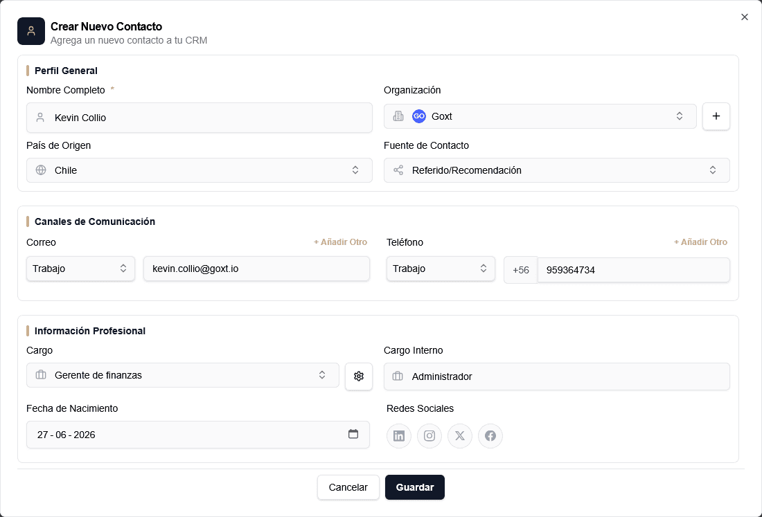 Formulario de creación de contacto